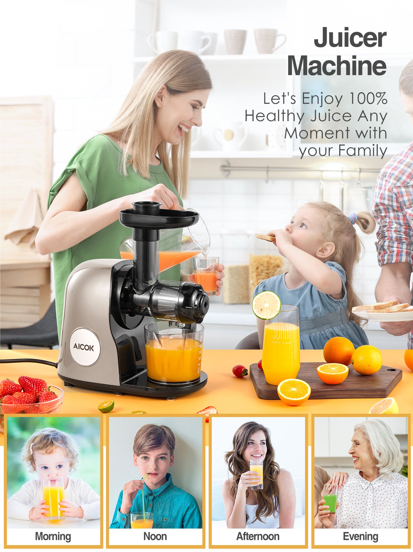 AICOK Slow Masticating juicer Extractor, Cold Press Juicer Machine, Quiet Motor, Reverse Function, High Nutrient Fruit and Vegetable Juice with Juice Jug & Brush for Cleaning, Ivory White