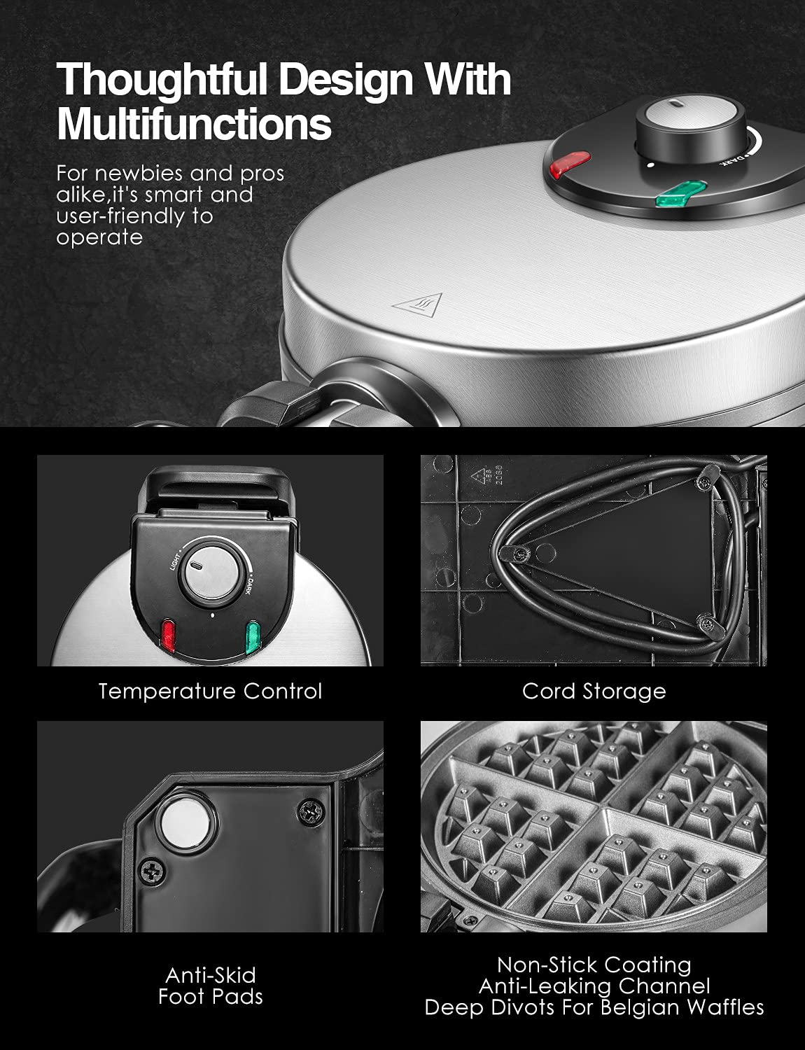 AICOOK | Classic Rotating Belgian Waffle Maker, 180° Flip Waffle Iron for Perfect 1" Thick Waffles, PFOA Free Nonstick Plates & Removable Drip Tray for Easy Clean Up, 1200W Browning Control, Stainless Steel