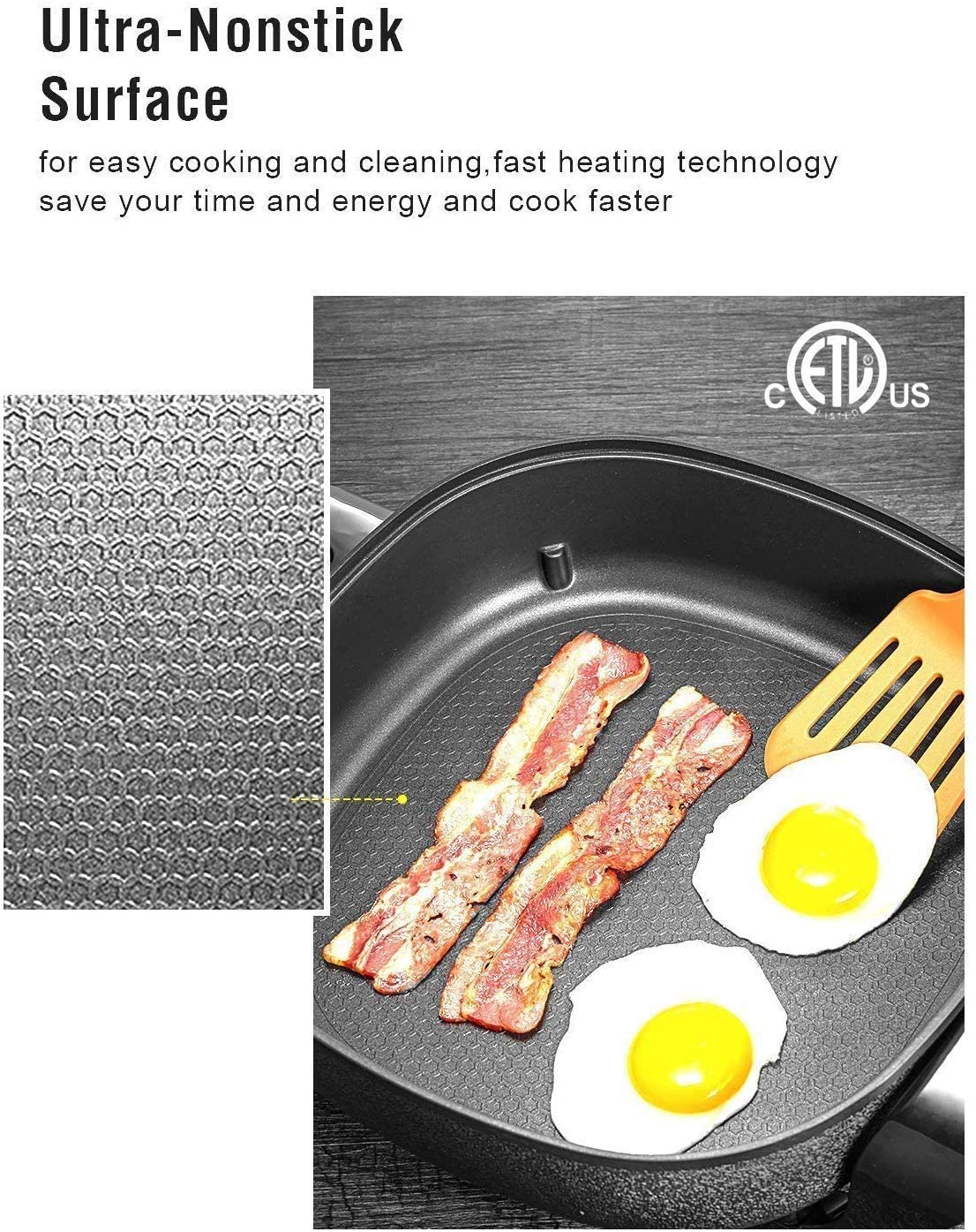 DECEN | Electric Skillet Non Stick Electric Frying Pan with Standing Tempered Glass Lid, Family Sized 6 Quart, 3 Inch depth, Heat Resistant Handles, 1360W, 12” x 12” x 3”