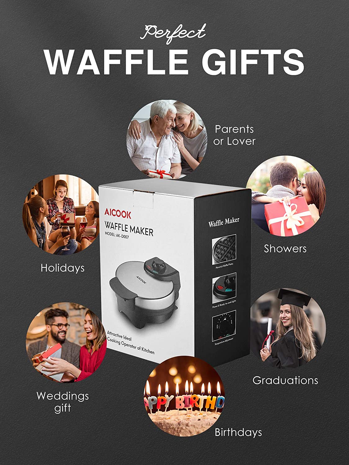 AICOOK | Waffle Maker Iron, Belgian Medium Waffle Iron, Stainless Steel, Adjustable Temperature Dial, Nonstick Plates & Cool Touch Handle, Contains Recipe, Good Gift for Families, Awesome Gift For Friends