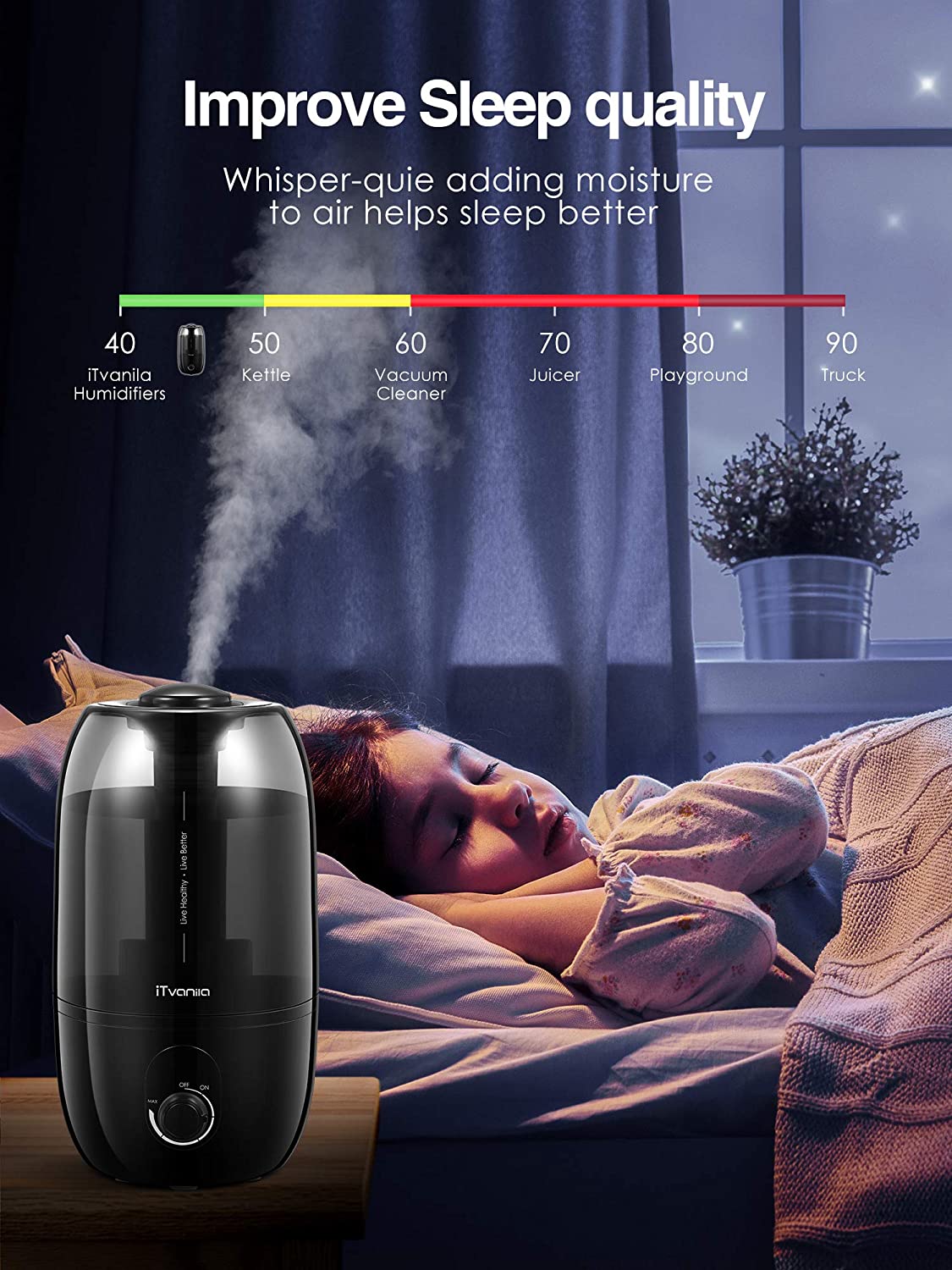 iTvanila -Quiet Humidifier 2.7 L/0.7 Gal Baby Humidifier HU-C1A Black , sleep quality improve, quiet operation