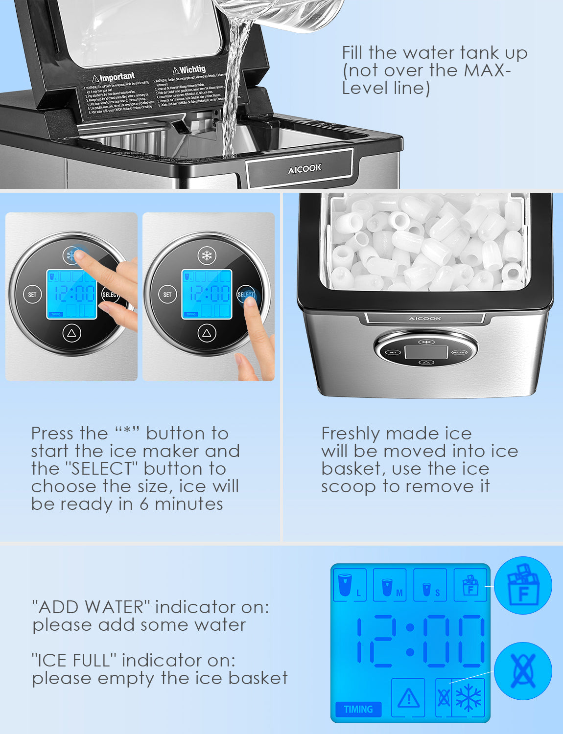 AICOOK Ice Maker Countertop Stainless Steel, 28 lbs. in 24 Hours, 9 Cubes Ready in 6 Minutes, 3 Ice Sizes, 2.4L with LED Display, Self Cleaning Function, Quiet Ice Maker Machine with Timer, Scoop and Basket