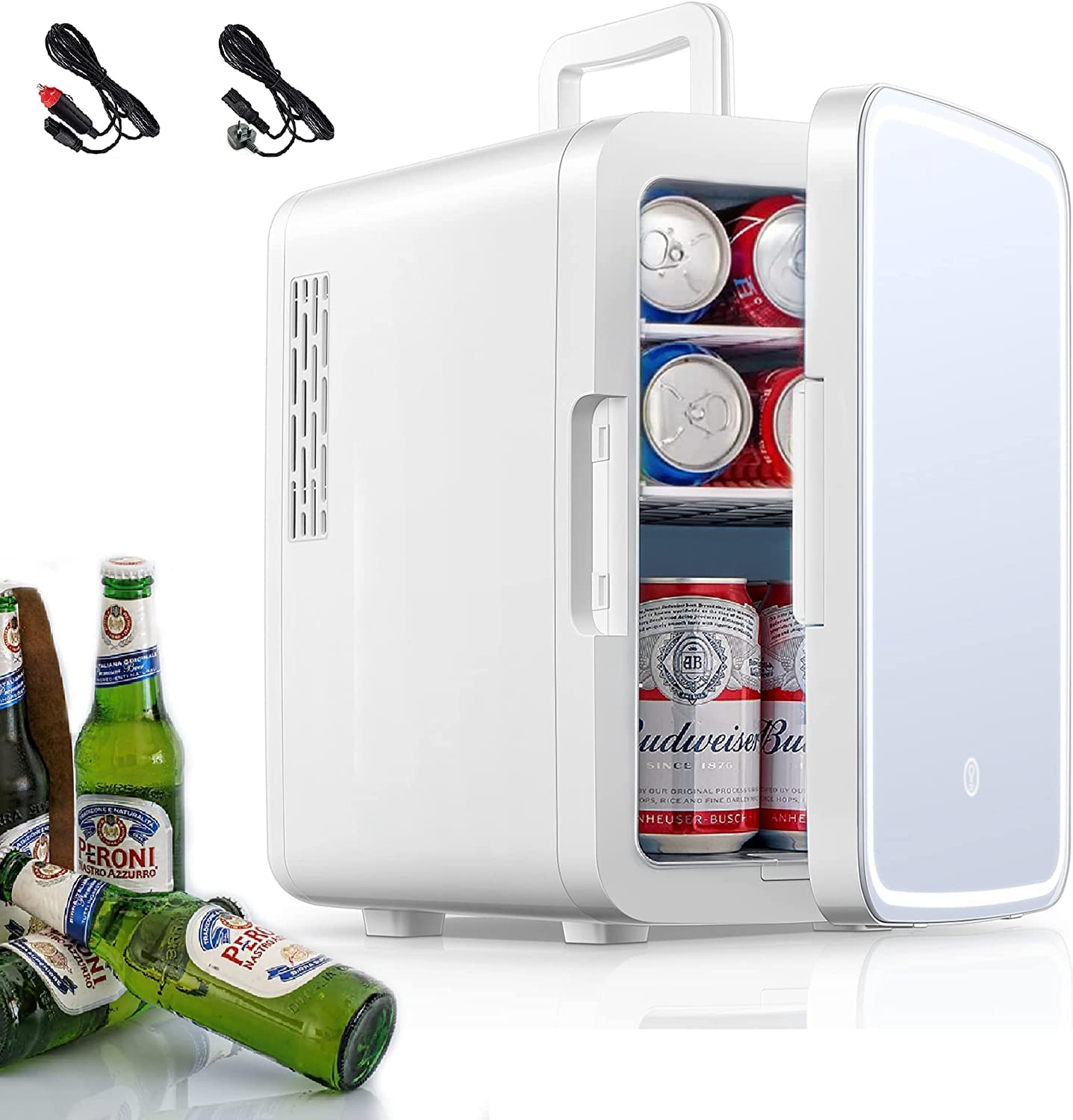 Mini Fridge for Dorm 10 L/11 Can, Small Bedroom Refrigerator Led Mirror Door with 3-Mode, Cooler & Warmer, White