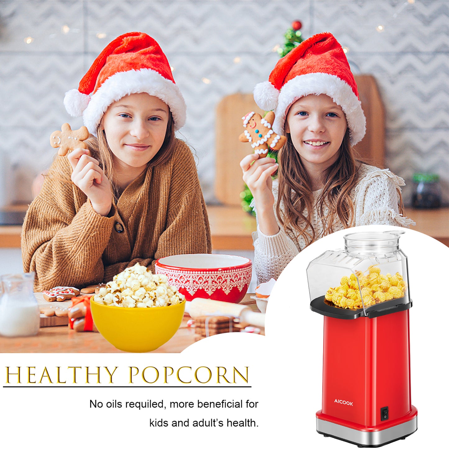 AICOOK Hot Air Popcorn Popper, 1400W, Aqua and red, Popcorn Maker With Measuring Cup and Removable Top Cover