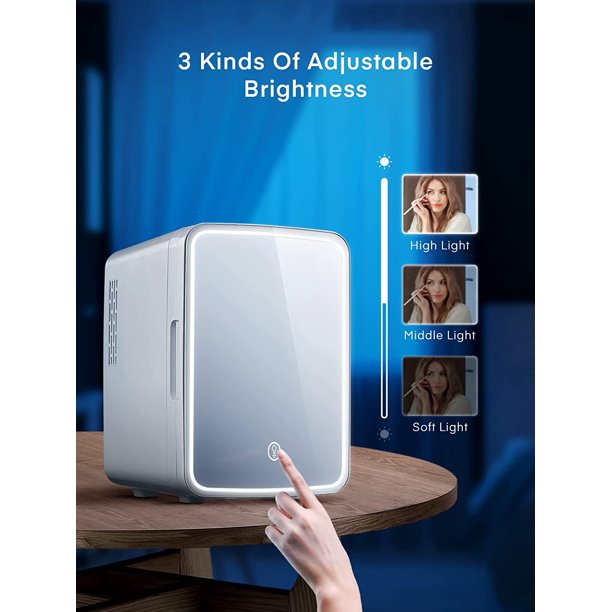 Mini Fridge for Dorm 10 L/11 Can, Small Bedroom Refrigerator Led Mirror Door with 3-Mode, Cooler & Warmer, White