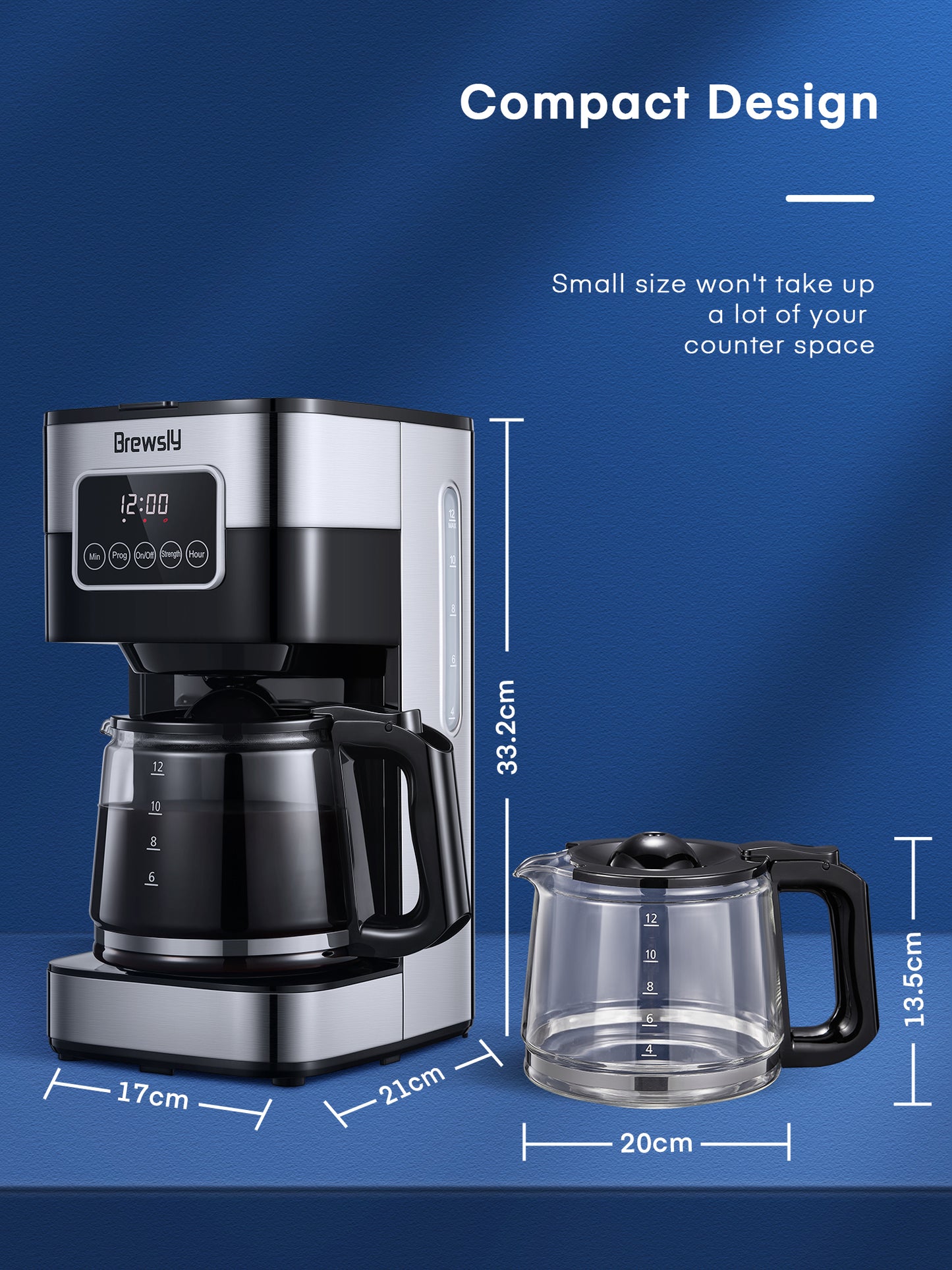 Brewsly 12-Cup Professional Coffee Maker, Touch Screen Coffee Machine with Regular and Thick Brews, Stainless Steel Coffee Brewer, Keep Warm, Anti-Drip System
