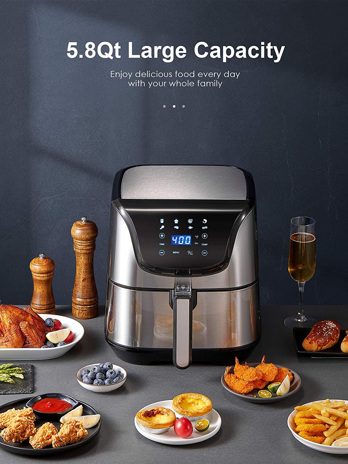 AICOOK AIR FRYER 5.8QT, Large Capacity Design For Family, Air Fryer Oven, Digital Control, Dishwasher-Safe, Recipe & Cookbook Include, Silver, 2021