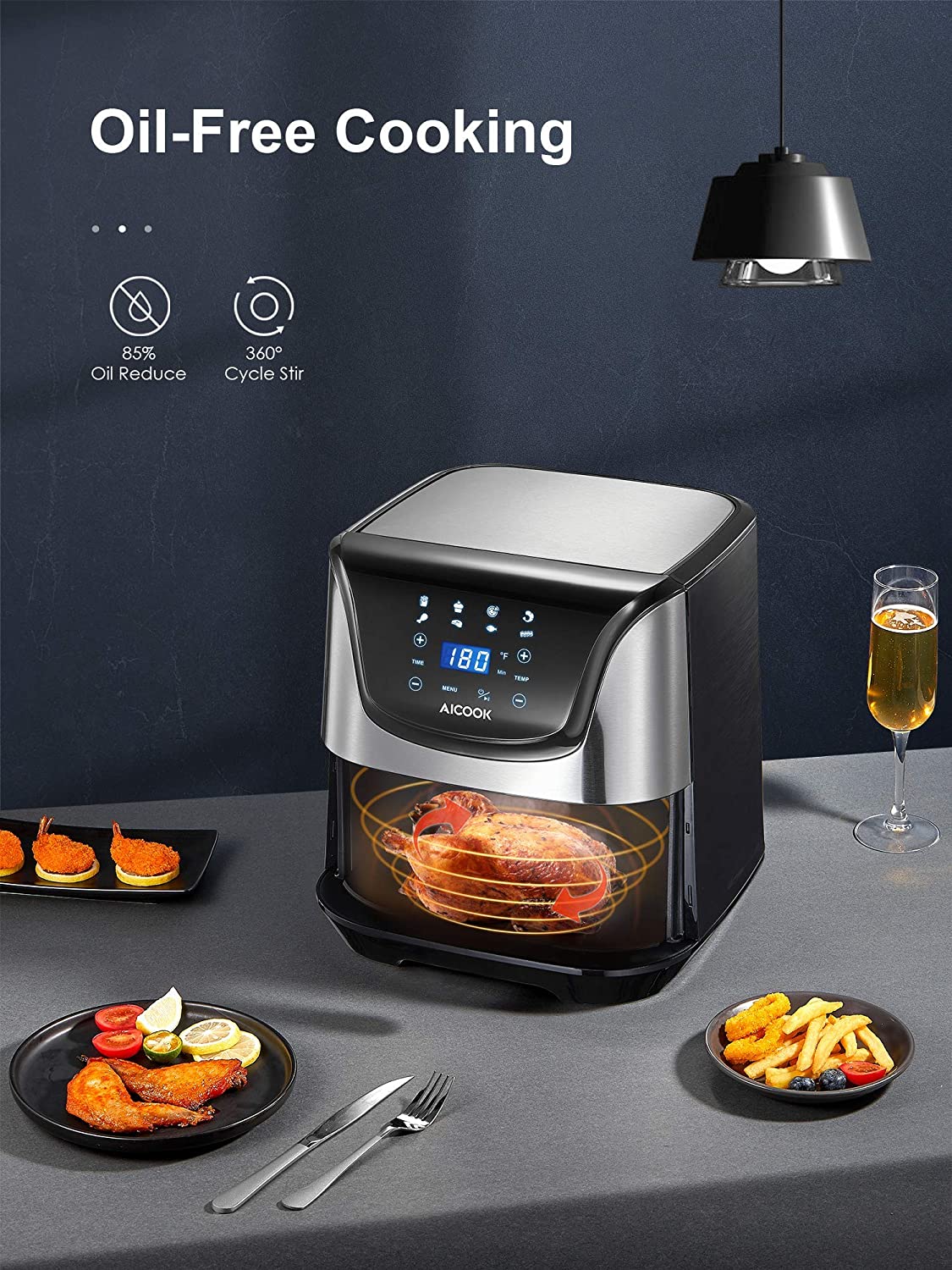 AICOOK AIR FRYER 5.8QT, Air Fryer Oven, Digital Control, Dishwasher-Safe, Oil-free Cooking, Healthy, Silver, 2021