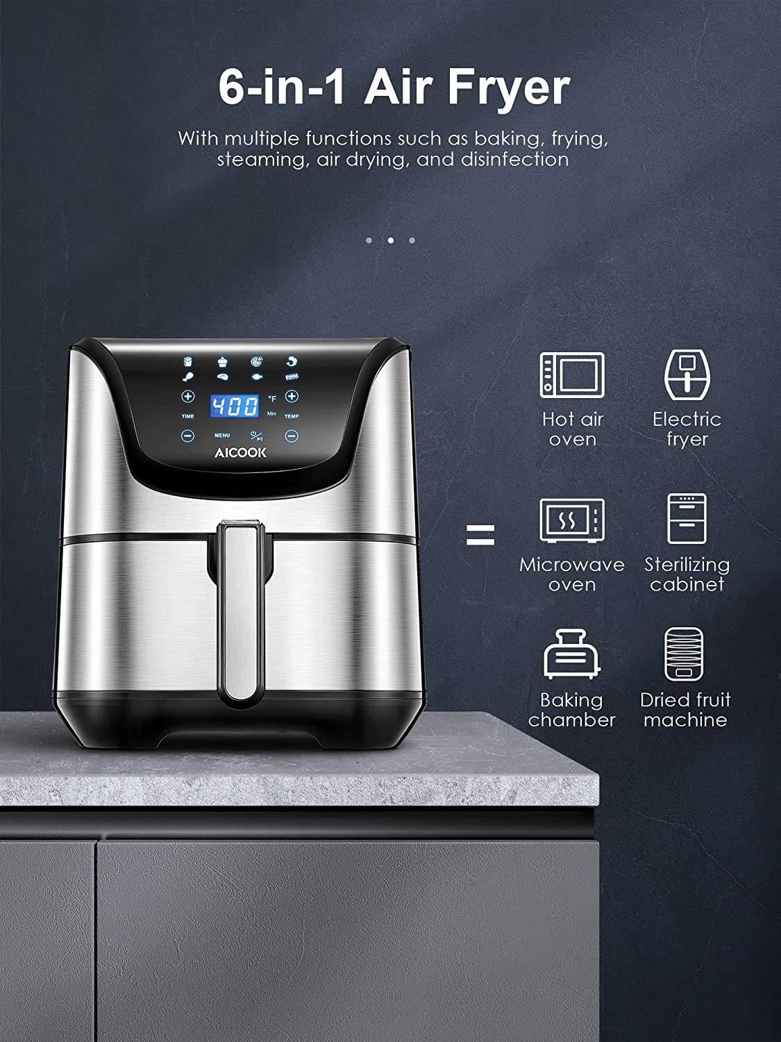 AICOOK AIR FRYER 5.8QT, Air Fryer Oven, Digital Control, 6-in-1 Setting, Suit for the Beginners, Dishwasher-Safe, Silver, 2021
