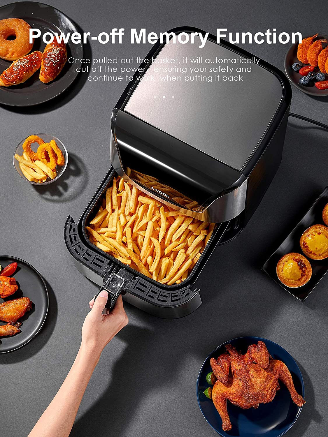 AICOOK AIR FRYER 5.8QT, Air Fryer Oven, Digital Control, Power-off Memory Functions, Dishwasher-Safe, Recipe Included, Silver, 2021
