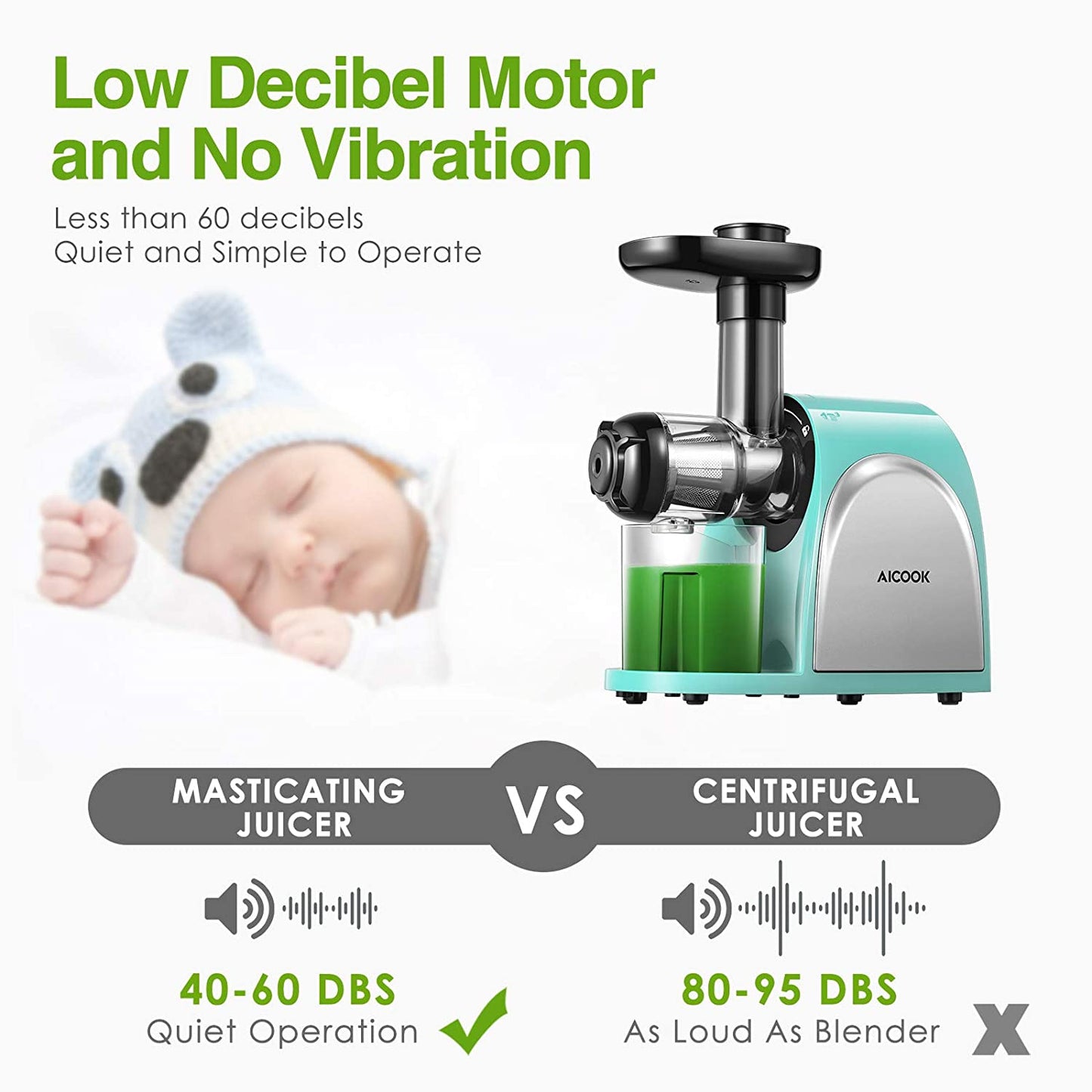 Juicer, Aicook Slow Masticating Juicer, Cold Press Juicer Machine Easy to Clean, Higher Juicer Yield and Drier Pulp, Juice Extractor with Quiet Motor and Reverse Function, BPA-Free, with Recipes