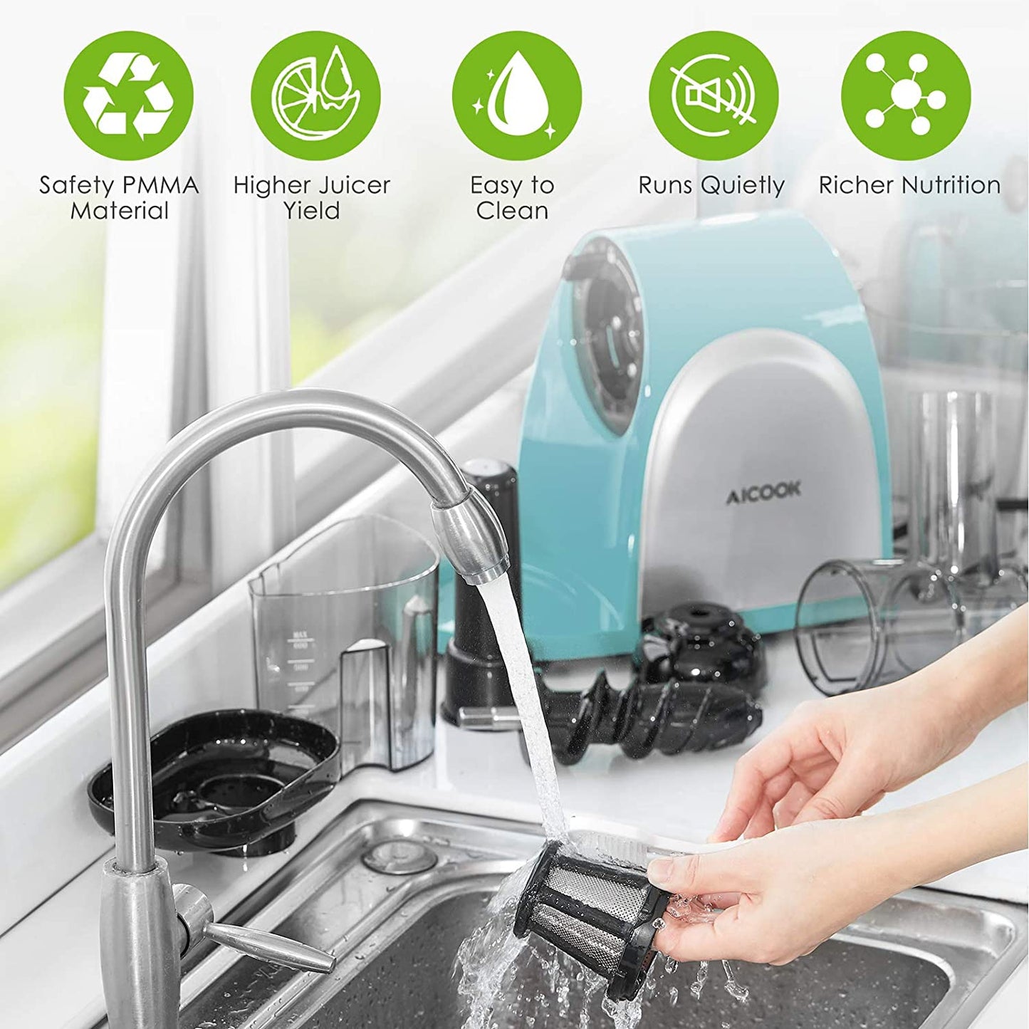Juicer, Aicook Slow Masticating Juicer, Cold Press Juicer Machine Easy to Clean, Higher Juicer Yield and Drier Pulp, Juice Extractor with Quiet Motor and Reverse Function, BPA-Free, with Recipes