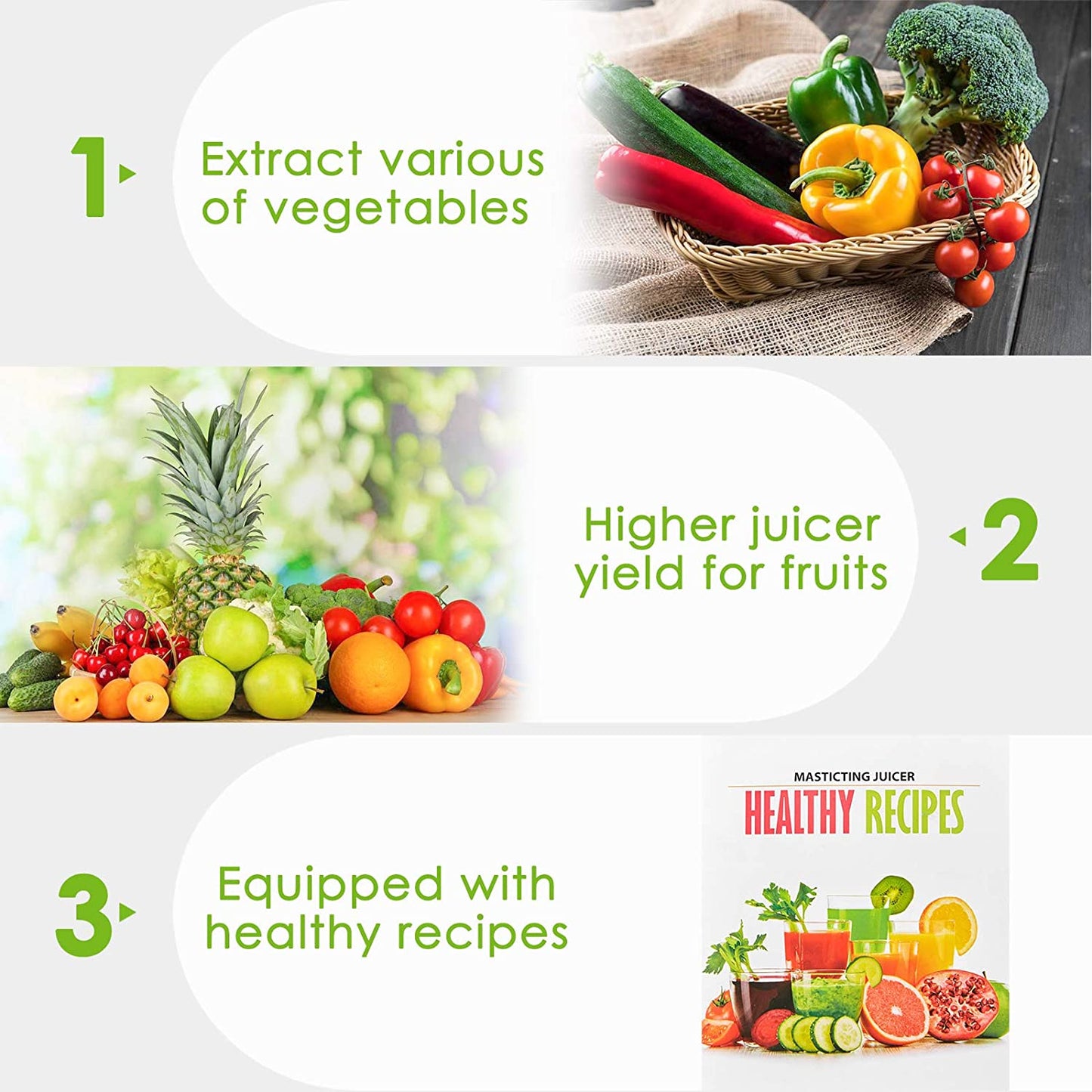 Juicer, Aicook Slow Masticating Juicer, Cold Press Juicer Machine Easy to Clean, Higher Juicer Yield and Drier Pulp, Juice Extractor with Quiet Motor and Reverse Function, BPA-Free, with Recipes