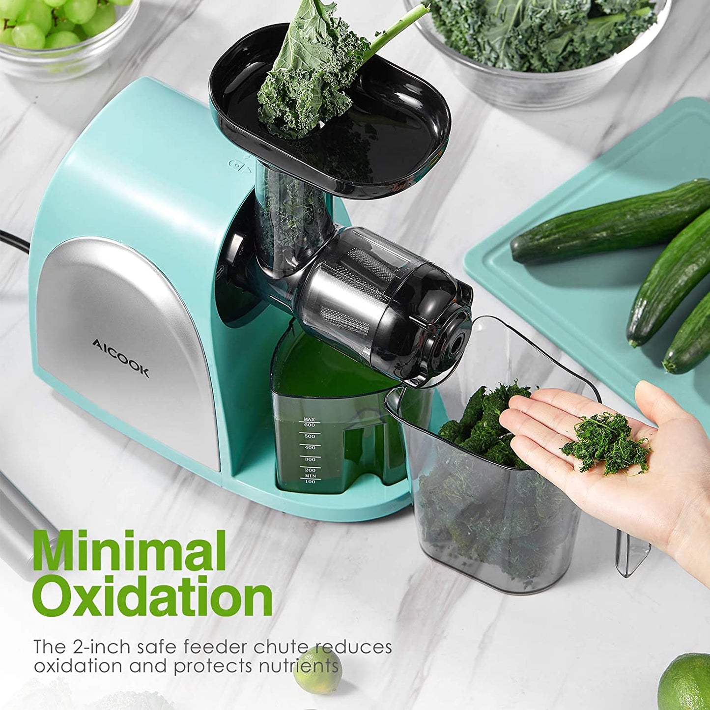 Juicer, Aicook Slow Masticating Juicer, Cold Press Juicer Machine Easy to Clean, Higher Juicer Yield and Drier Pulp, Juice Extractor with Quiet Motor and Reverse Function, BPA-Free, with Recipes