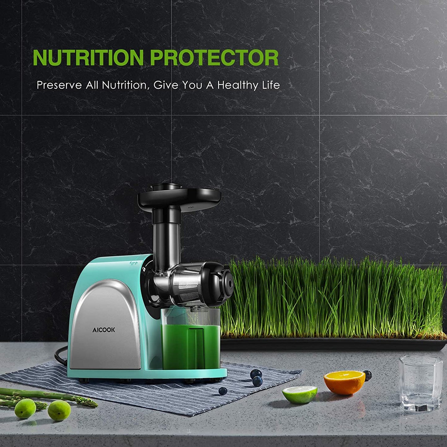 Juicer, Aicook Slow Masticating Juicer, Cold Press Juicer Machine Easy to Clean, Higher Juicer Yield and Drier Pulp, Juice Extractor with Quiet Motor and Reverse Function, BPA-Free, with Recipes