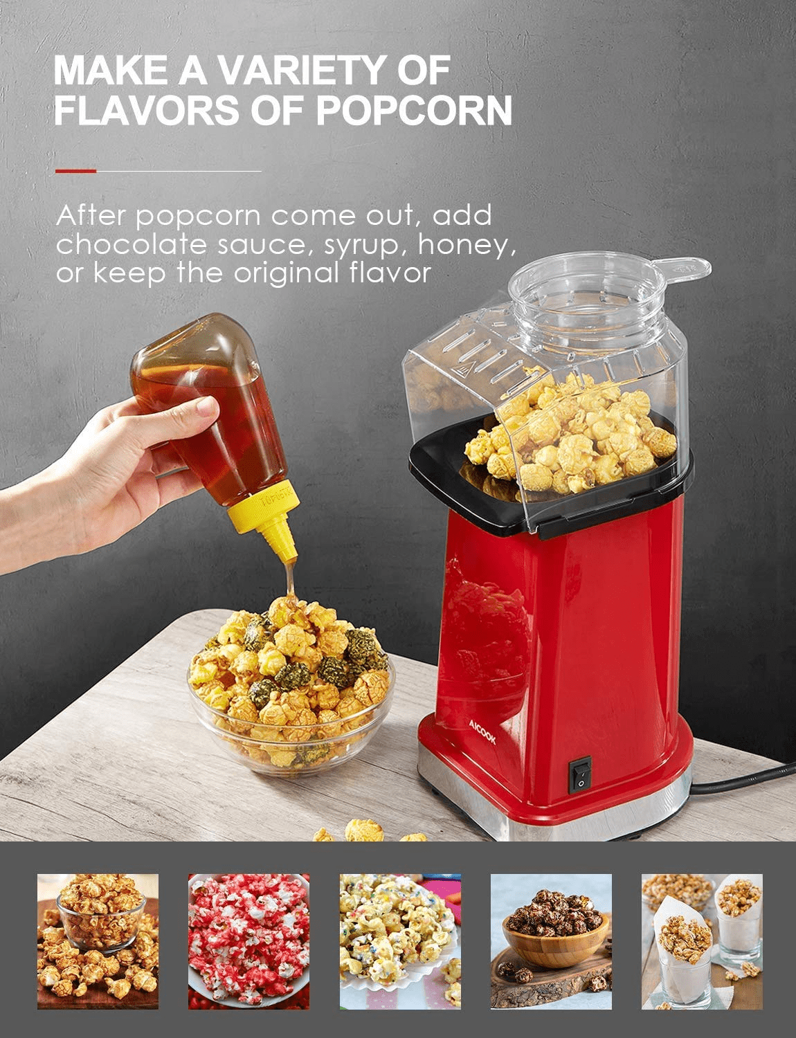 AICOOK Hot Air Popcorn Popper, 1400W, Aqua and red, Popcorn Maker With Measuring Cup and Removable Top Cover