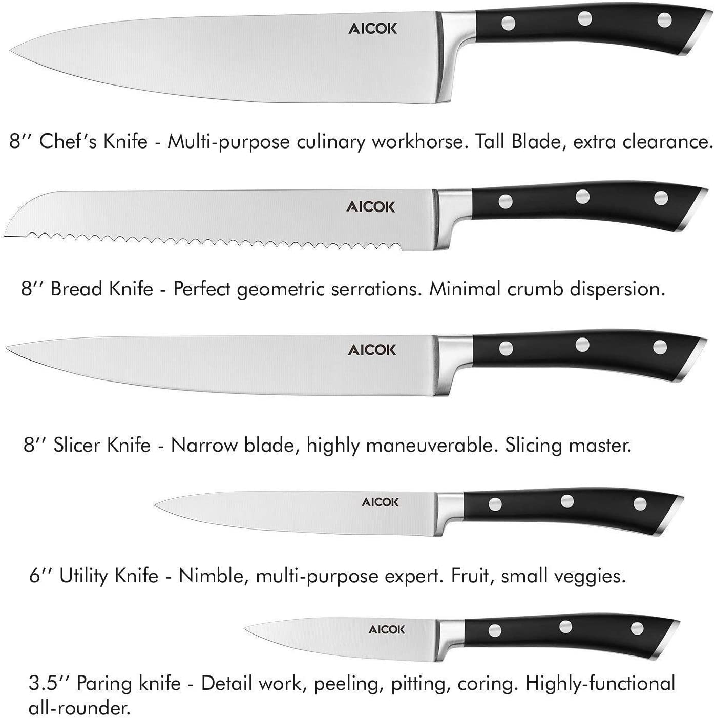 AICOK Kitchen Knife Set, German Stainless Steel Knife Block Set, 6 pcs Small Knife Set with Wooden Block