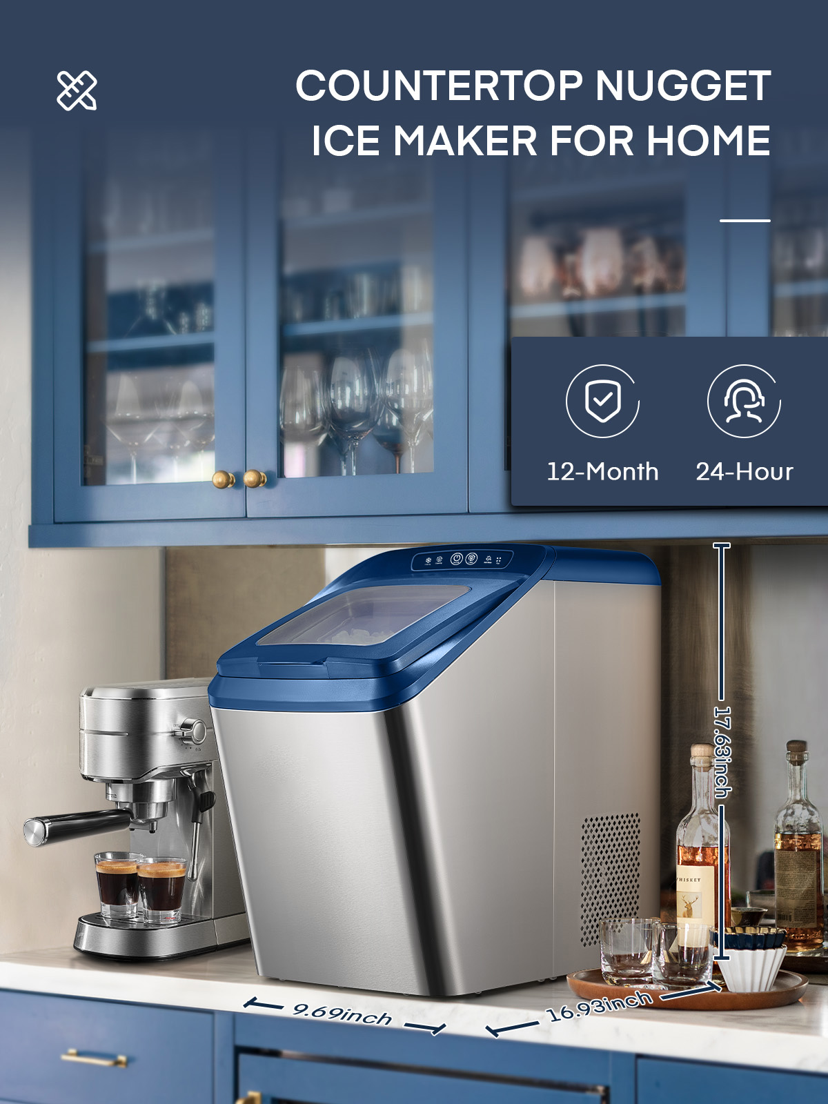 Nugget Ice Maker Countertop, 30Lb Pebble Pellet Ice per Day, Auto-Cleaning, Stainless Steel