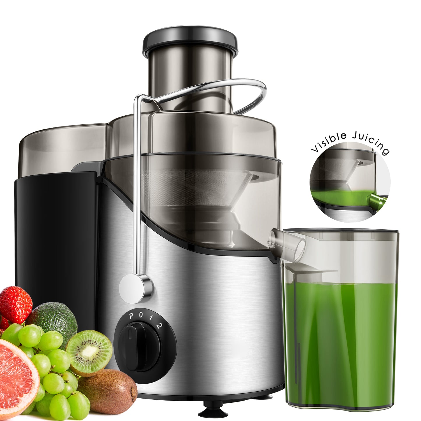 Juice Extractor, 600W Juicer With 3" wide Mouth, Easy to clean, Anti-Slip, Drip-proof, BPA Free, Silver