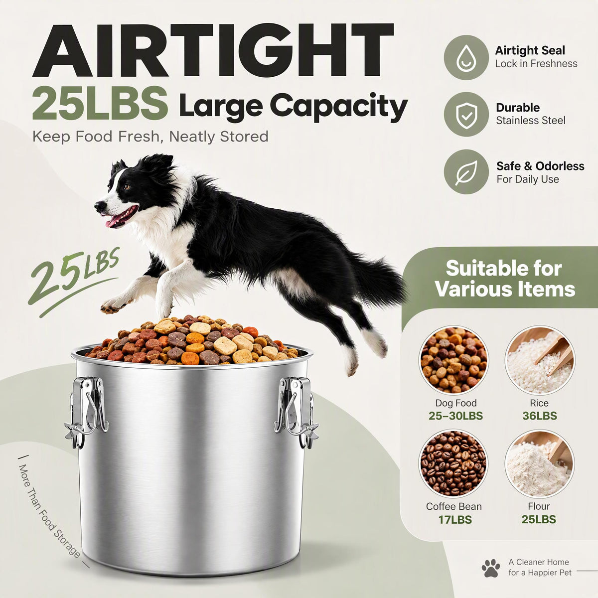 Stainless Steel Dog Food Storage Container 25-30 LBS, Airtight Locking Lid Pet Food Bin, Moisture Proof Kibble Storage for Dogs Cats, Keep Fresh Easy to Clean