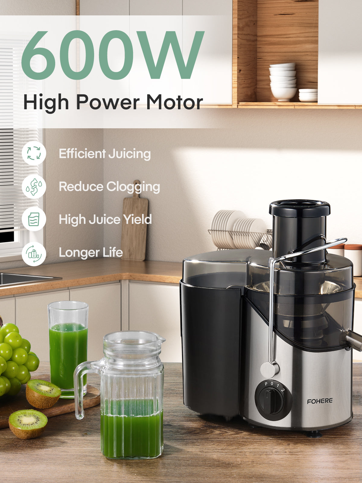 Juice Extractor, 600W Juicer With 3" wide Mouth, Easy to clean, Anti-Slip, Drip-proof, BPA Free, Silver