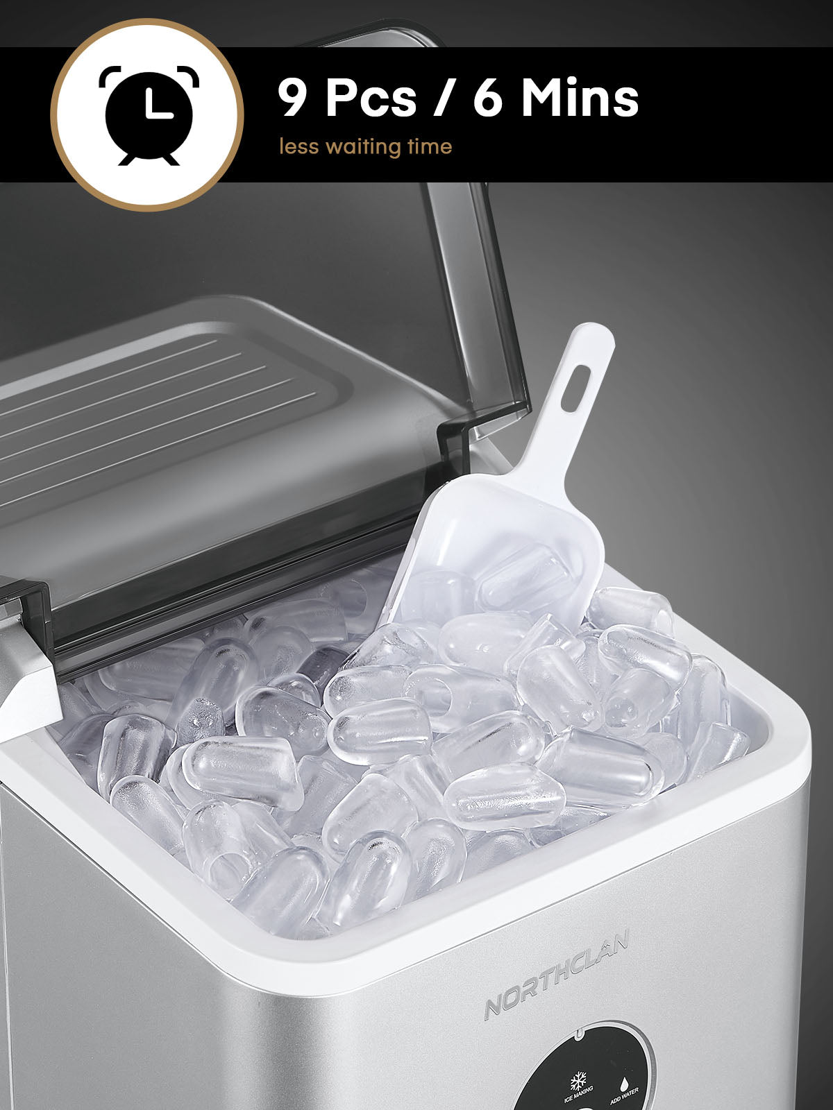 Ice Maker Countertop, 28 lbs Ice In 24 Hrs, 9 Ice Cubes Ready In 5 Minutes, Portable Ice Machine 2L With Led Display Perfect for Parties Mixed Drinks, Ice Scoop & Basket, Silver, NORTHCLAN