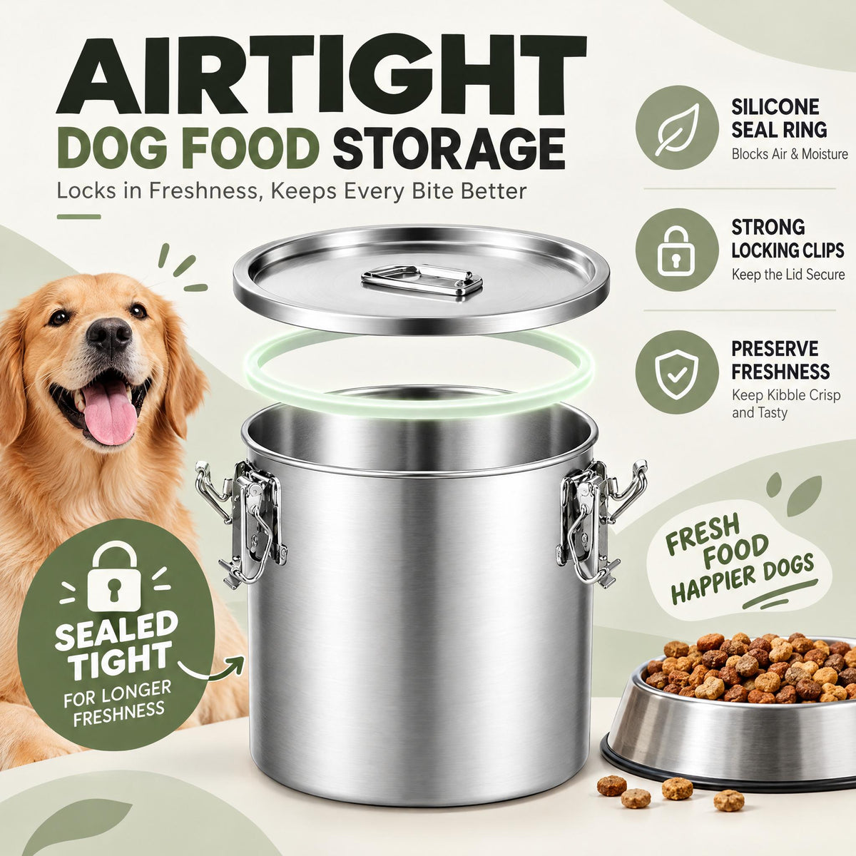 Stainless Steel Dog Food Storage Container 25-30 LBS, Airtight Locking Lid Pet Food Bin, Moisture Proof Kibble Storage for Dogs Cats, Keep Fresh Easy to Clean