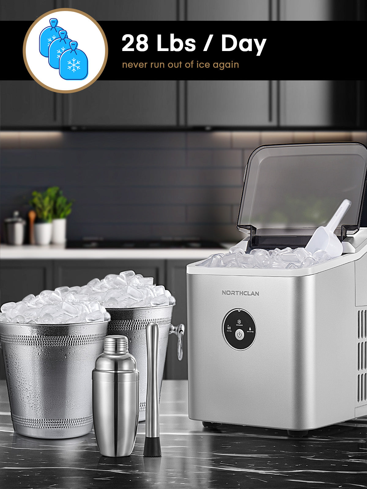 Ice Maker Countertop, 28 lbs Ice In 24 Hrs, 9 Ice Cubes Ready In 5 Minutes, Portable Ice Machine 2L With Led Display Perfect for Parties Mixed Drinks, Ice Scoop & Basket, Silver, NORTHCLAN