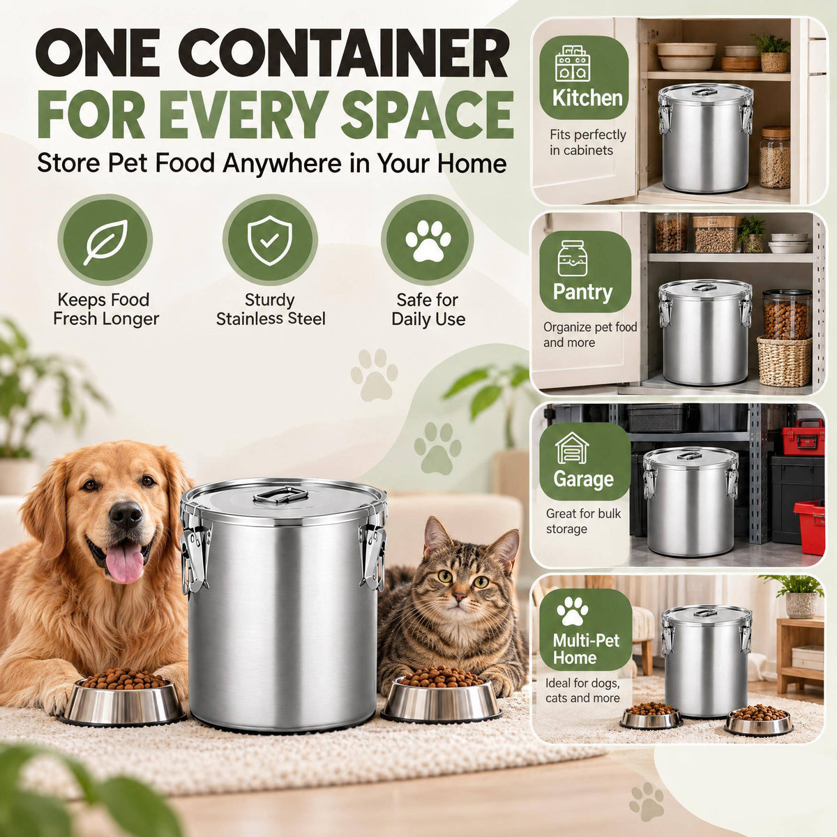 Stainless Steel Dog Food Storage Container 25-30 LBS, Airtight Locking Lid Pet Food Bin, Moisture Proof Kibble Storage for Dogs Cats, Keep Fresh Easy to Clean