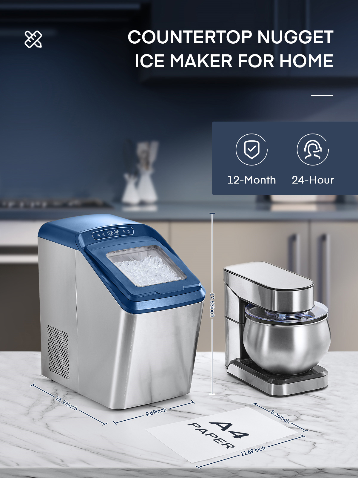 Nugget Ice Maker Countertop, 30Lb Pebble Pellet Ice per Day, Auto-Cleaning, Stainless Steel