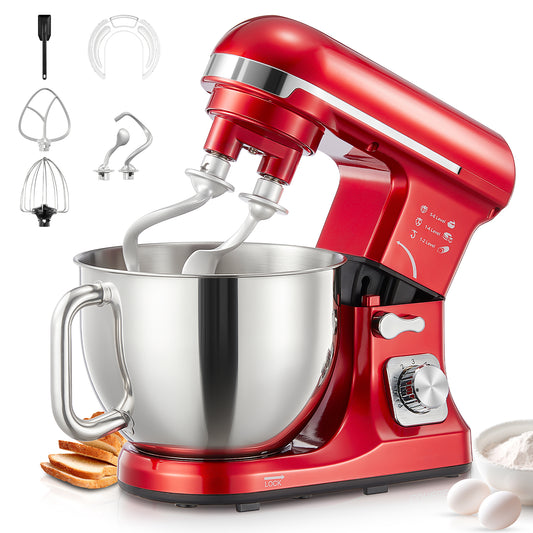 FOHERE 3-IN-1 Stand Mixer, 5.5 Quart Tilt-Head Stand Mixer with Double Dough Hook, 6+ Speeds, Red