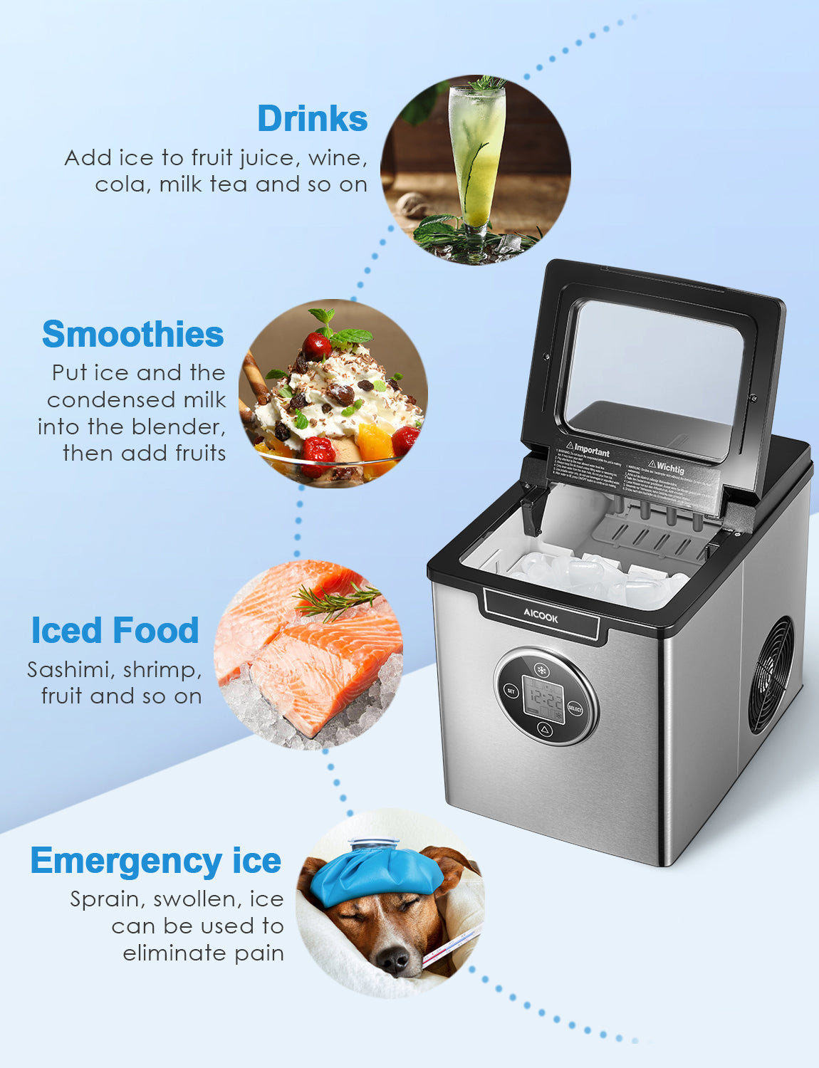 AICOOK Ice Maker Countertop Stainless Steel, 28 lbs. in 24 Hours, 9 Cubes Ready in 6 Minutes, 3 Ice Sizes, 2.4L with LED Display, Self Cleaning Function, Quiet Ice Maker Machine with Timer, Scoop and Basket