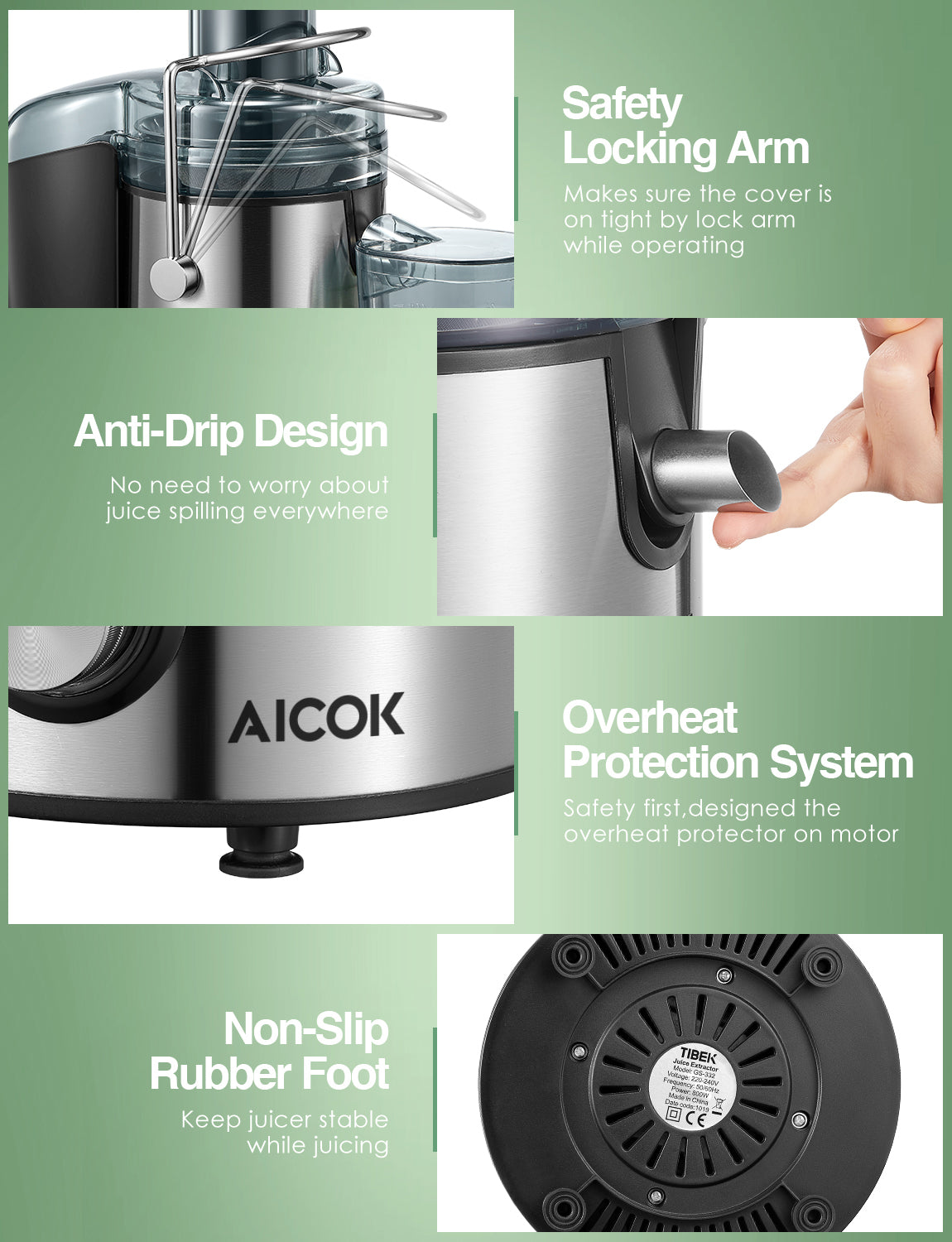 AICOK-Juicer, 800W Stainless Steel Juicer Machines GS-332, safety locking arm, overheat protection. robber foot