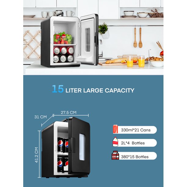 Mini Fridge 15L for Bedroom with Quiet ECO Mode, 21 Cans Small Car Fridge Portable Cooler and Warmer AC/DC Powered for Skin Care, Cosmetics, Food, Bedroom, Office, Car, Travel