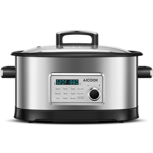 AICOOK Slow Cooker, 10-in-1 Programmable MultiCooker 6.5 Quart, Muti-Use Electric Cooker Food Steamer with Digital Timer, Non-Stick Pot & Steaming Rack, Adjustable Temp & Time, Automatic Keep Warm