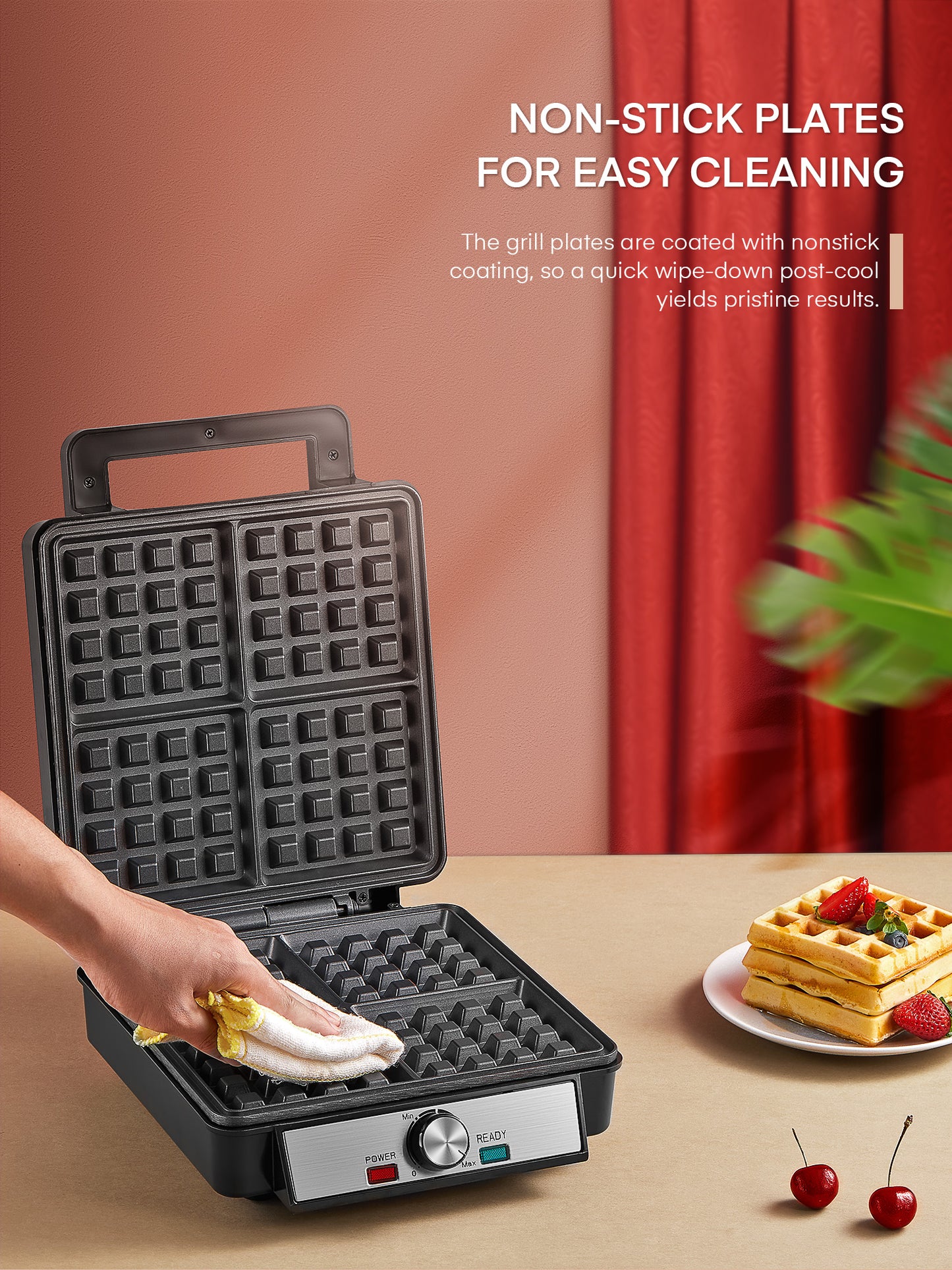 AICOOK Belgian Waffle Maker Square 4 Slices Waffle Making Machine Iron with Non-Stick Surfaces,  Anti-Overflow, Adjustable Temperature, Stainless Steel Construction, LED Indicator, 1200W , Black/Silver