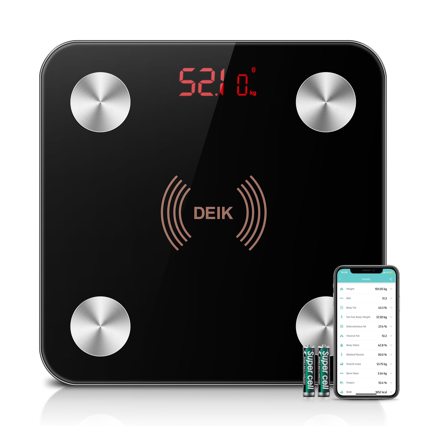 DEIK Smart Digital Body Fat Scale, Black Bluetooth Bathroom Scale, with iOS and Android APP, 180kg/400lb High Precision Measurement, Detects 13 Data including Body Weight, Fat Content, Muscle Mass