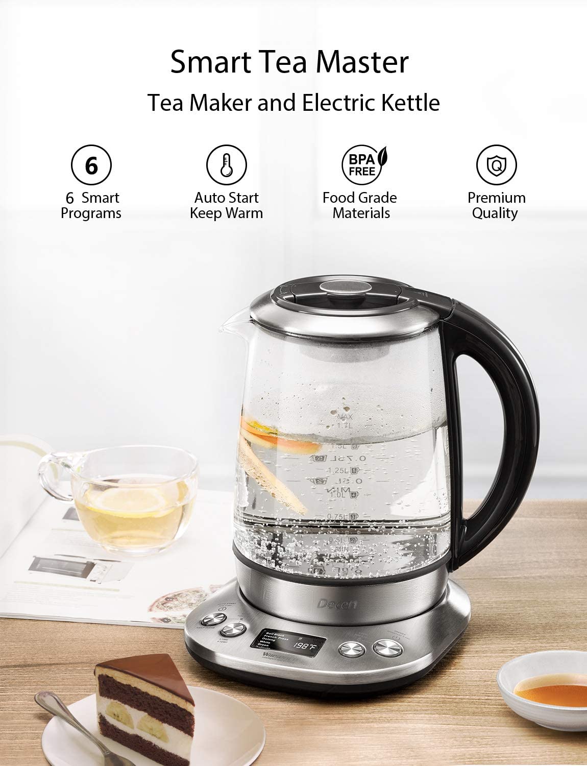 DEALIFE Electric Tea Kettle, 1.7L Variable Temperature Kettle, Glass, Stainless Steel, Mode kt600
