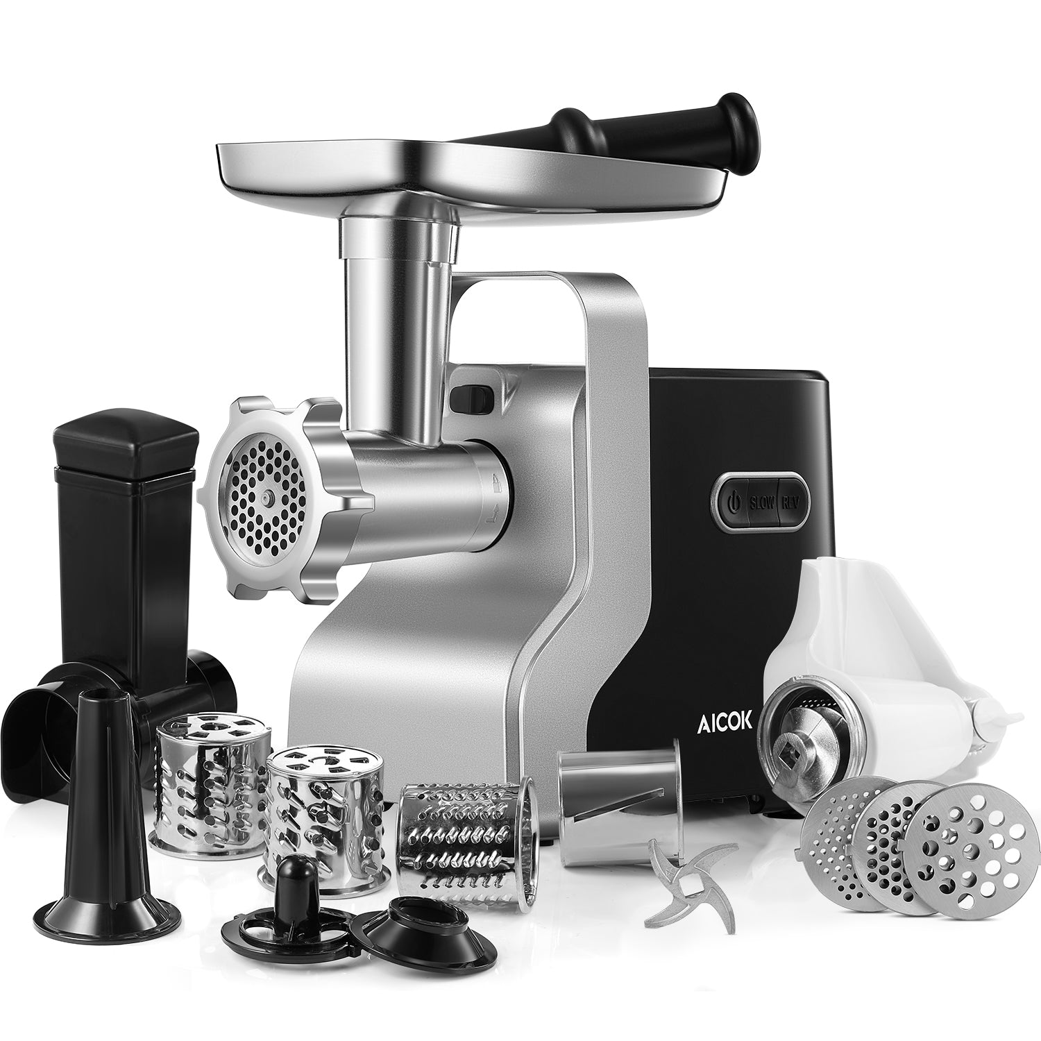AICOK-5 IN 1 Meat Grinder, 2500W Max Powerful Meat Mincer MG2950R, 5-IN-1 Meat Mincer with sausage stuffer, vegetable sicer, grinder with rich accessories