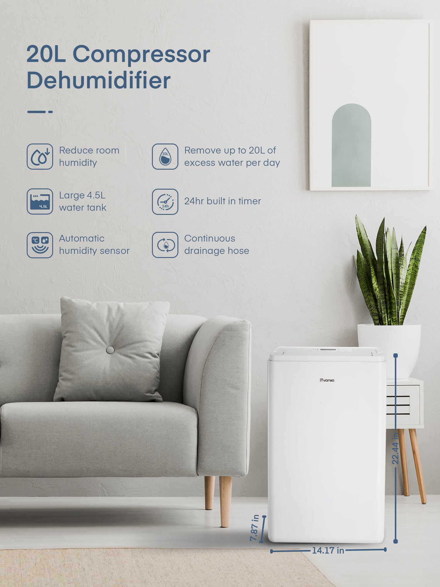 iTvanila 20LEB Dehumidifier with Touch Panel & 4.5L Large Water Tank, Laundry Drying, Swing Mode, 24Hr Timer, Continuous Drainage, Auto-On/Off, APP Control 20L