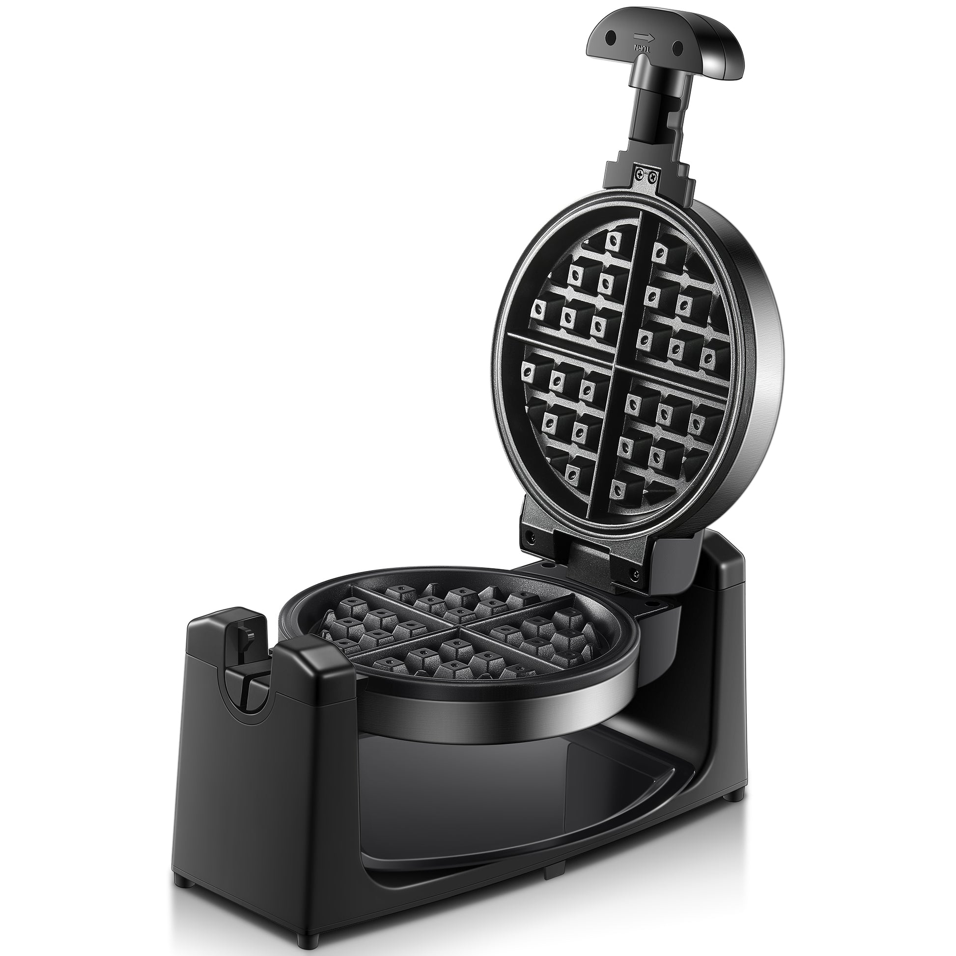 AICOOK 180° Flip Belgian Waffle Maker with Non Stick Grids, Adjustable Browning Temperature Control, Removable Drip Tray, 4-Slice Waffle Iron, Stainless Steel, Indicator Lights, Round Design, 1100W