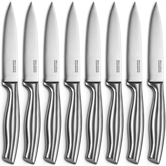 Caripeloy Steak Knife 8 Piece Premium Stainless Steel Steak Knife Kitchen Steak Knife Super Sharp Serrated Steak Knife with Gift Box, Silver