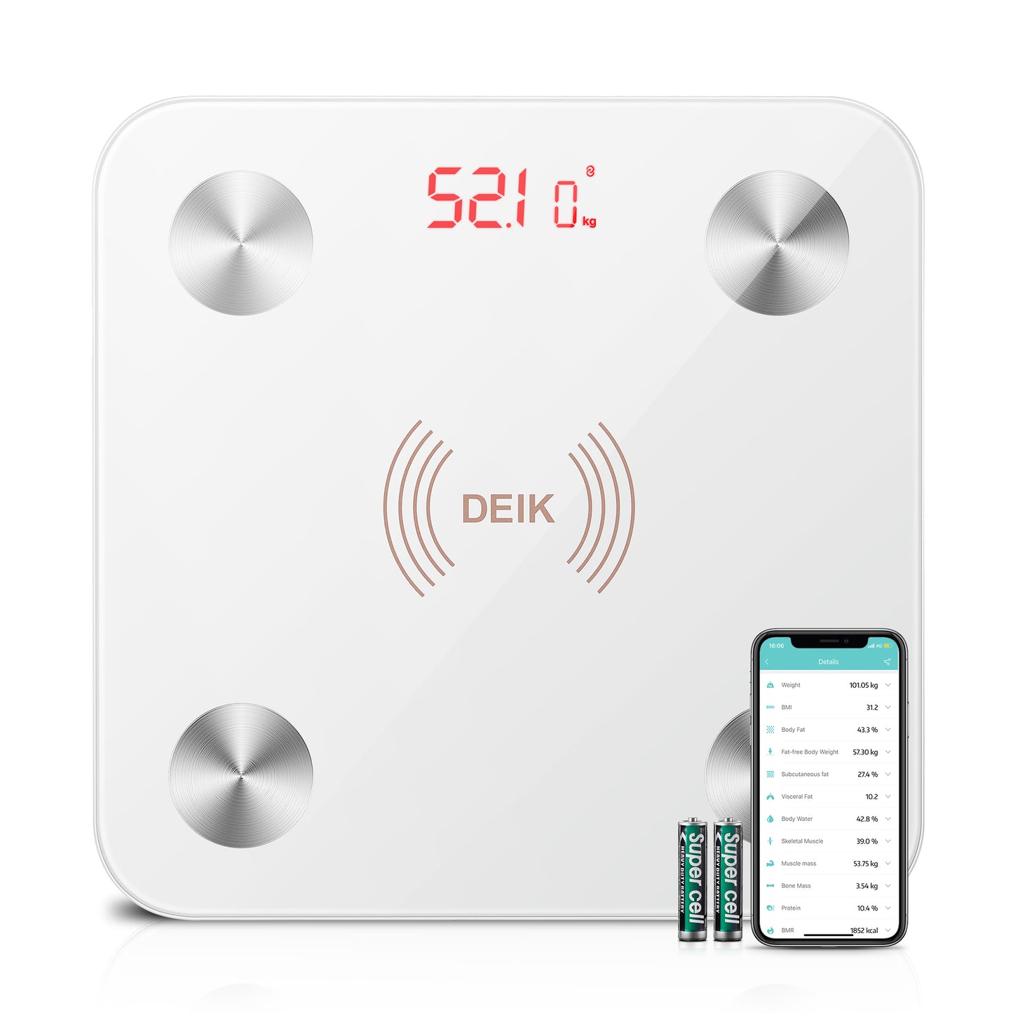 DEIK Smart Digital Body Fat Scale, White Bluetooth Bathroom Scale, with iOS and Android APP, 180kg/400lb High Precision Measurement, Detects 13 Data including Body Weight, Fat Content, Muscle Mass