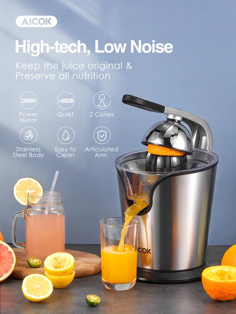 Electric Citrus Juicer for Orange, Lemon, Grapefruit, AICOK Stainless Steel Juicer Machine Easy to Clean, Soft Grip Handle, 160W,