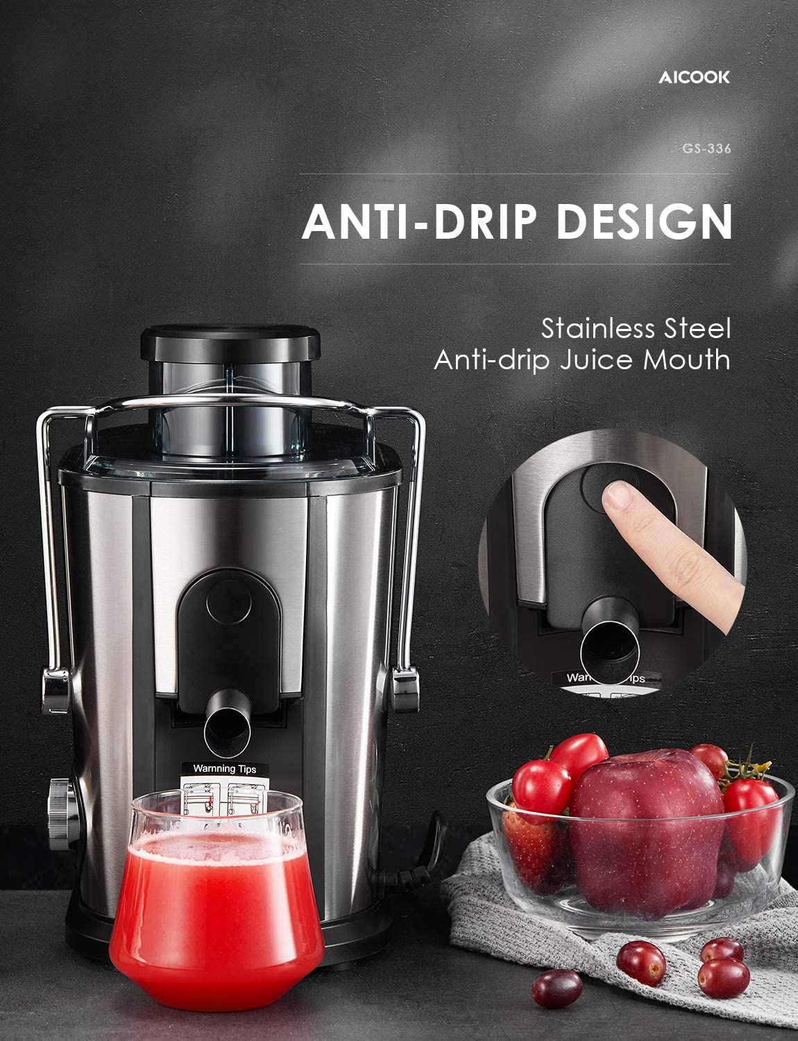 AICOOK | Juicer Wide Mouth Juice Extractor, Juicer Machines BPA Free Compact Fruits & Vegetables Juicer, Dual Speed Centrifugal Juicer with Non-drip Function, Stainless Steel Juicers Easy to Clean
