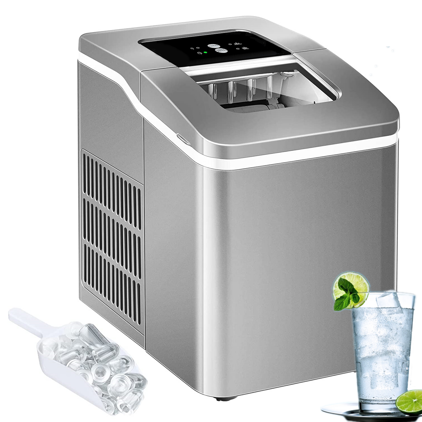 Ice Maker Machine Countertop, 28 lbs in 24 Hrs, 9 Cubes Ready in 5 Mins, 2 Ice Sizes, 2 L with Self-clean, LCD Display, Silver