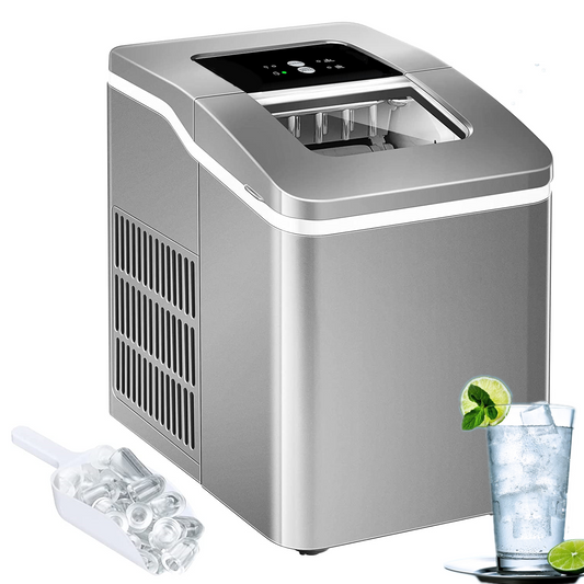 Ice Maker Machine Countertop, 28 lbs in 24 Hrs, 9 Cubes Ready in 5 Mins, 2 Ice Sizes, 2 L with Self-clean, LCD Display, Silver