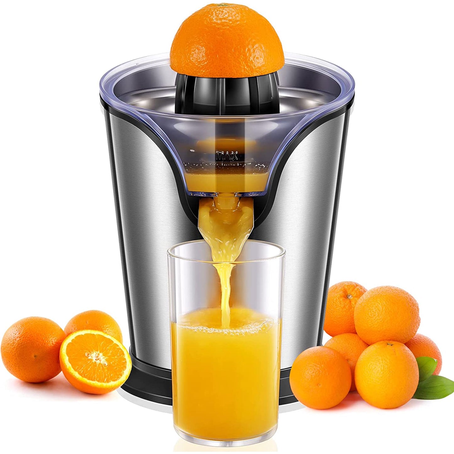 Orange Juice Squeezer Electric Citrus Juicer with Two Interchangeable Cones Suitable for orange, lemon and Grapefruit, Brushed Stainless Steel