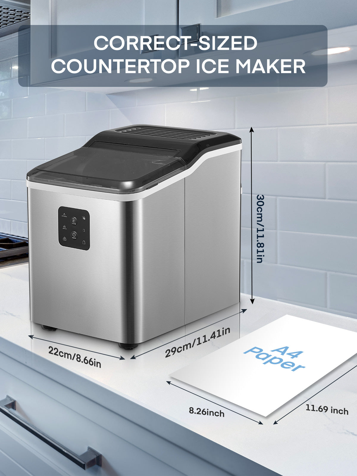 Ice Makers Countertop Stainless Steel, 28lbs in 24Hrs, 9 Cubes Ready in 6 Mins, Self-Clean Portable Ice Maker Machine, 2 Sizes of Bullet Ice for Home Office Bar Party, LED Display