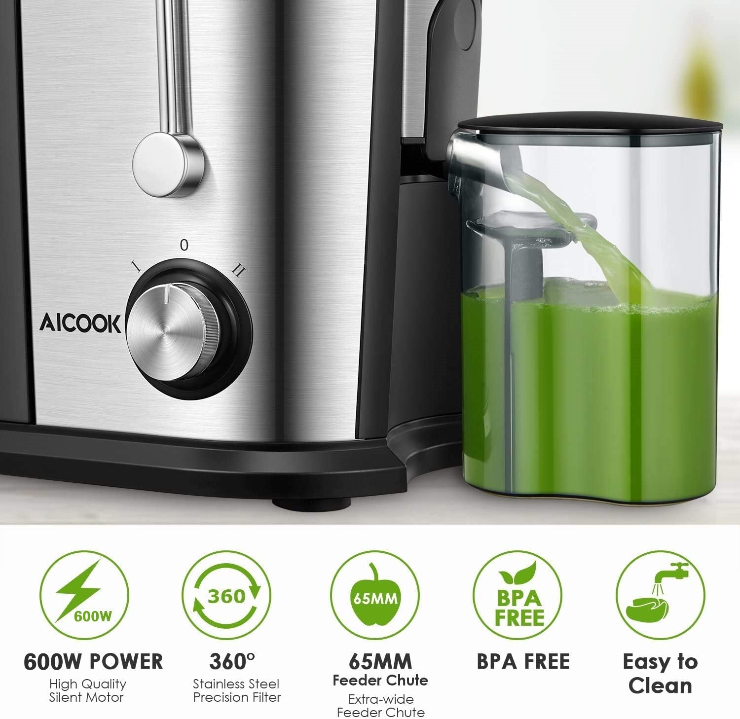 AICOOK | Juicer Wide Mouth Juice Extractor, Juicer Machines BPA Free Compact Fruits & Vegetables Juicer, Dual Speed Centrifugal Juicer with Non-drip Function, Stainless Steel Juicers Easy to Clean